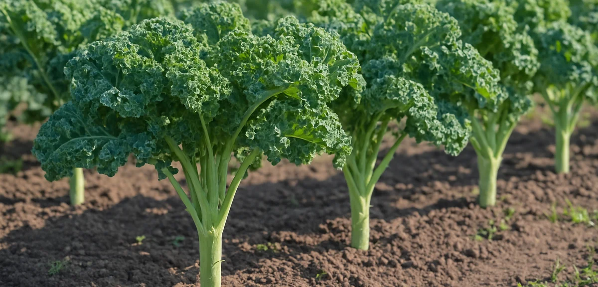 A row of kale plants in a vegetable garden with ruffled leaves and visible bare lower stems where le