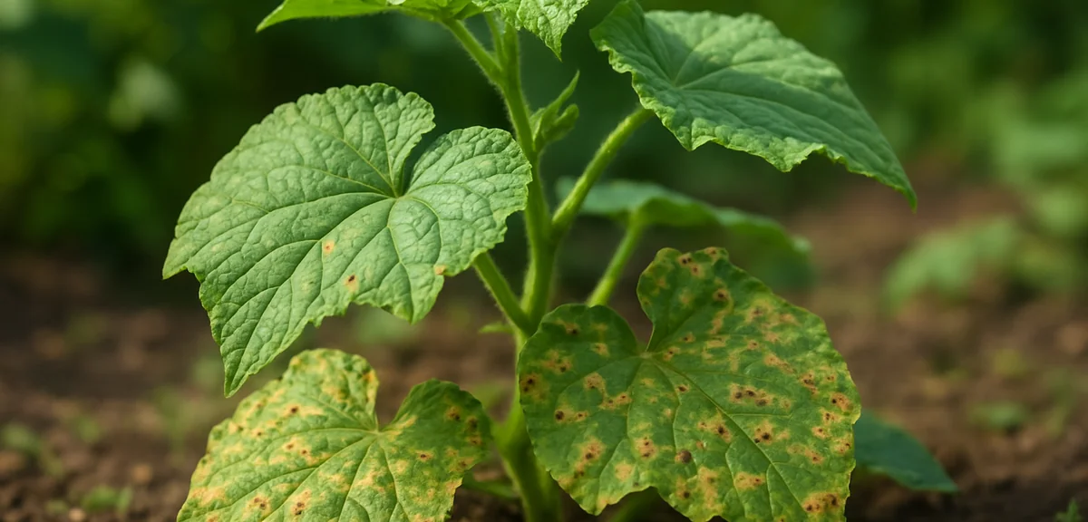 A cucumber plant in a home garden with several lower leaves showing scattered brown spots, healthy u