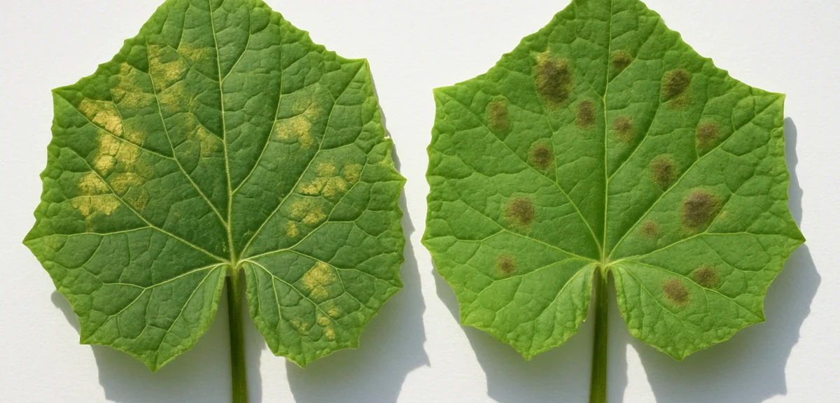 Side by side comparison of two cucumber leaves, one with angular lesions bounded by veins and one wi