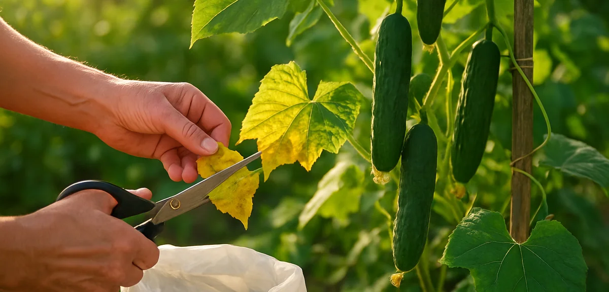 A gardener removing yellowing lower leaves from a cucumber plant with scissors and placing them into