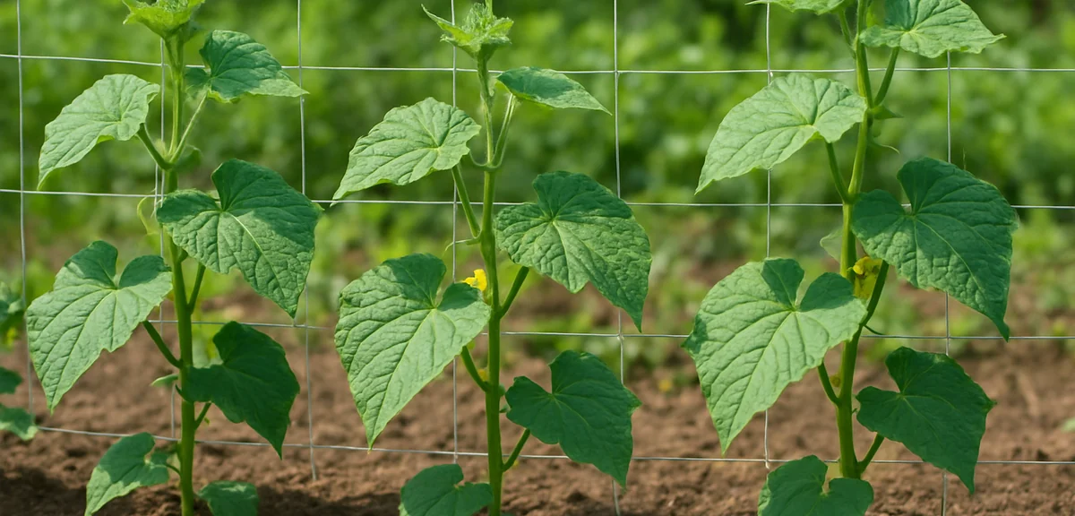 Cucumber plants trained up a net with good spacing between them, lower leaves cleared for airflow, b
