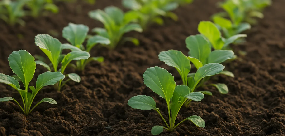 Rows of young mustard green seedlings emerging from soil in a vegetable bed in early autumn, soft mo