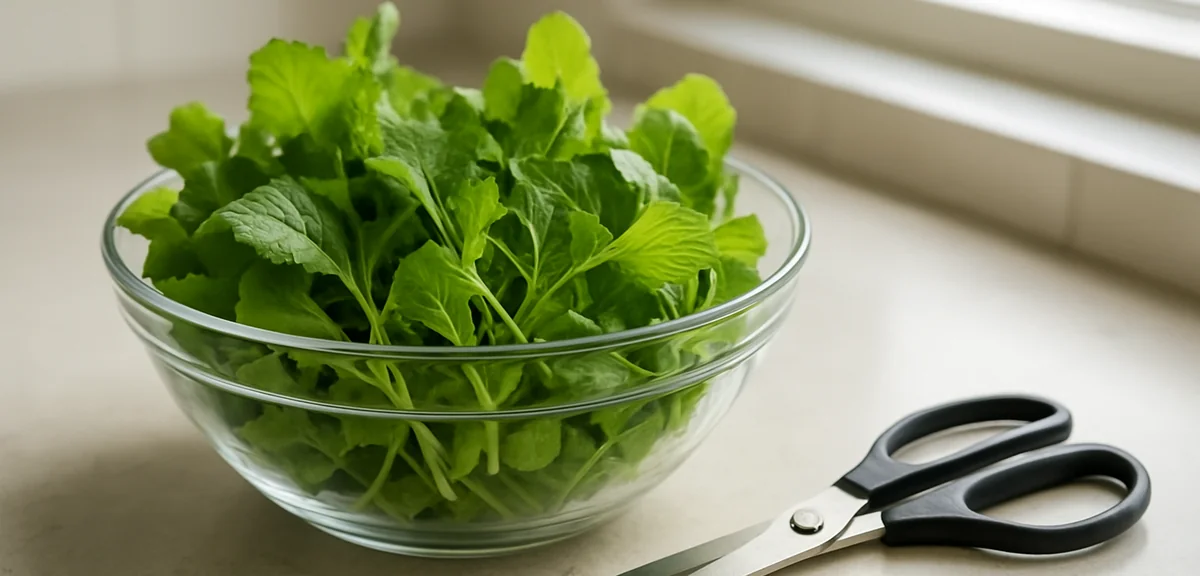 A bowl of young mustard green baby leaves freshly cut with scissors on a kitchen counter, bright day