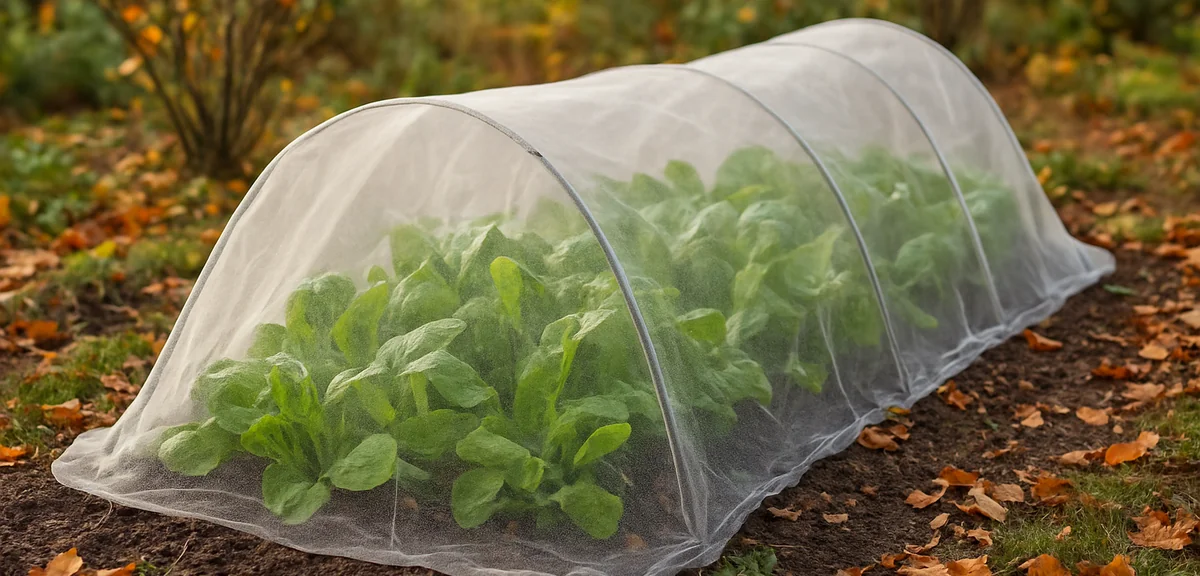 A low tunnel of fine insect netting covering a bed of leafy greens in a home vegetable garden, autum