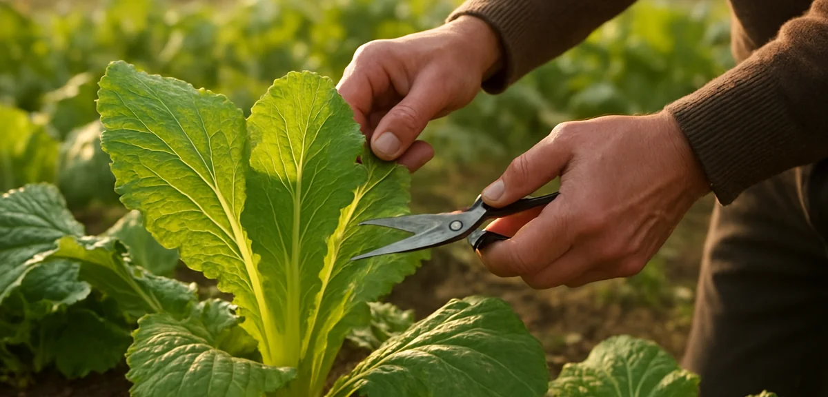 A gardener harvesting outer leaves of mustard greens with scissors leaving the centre intact, autumn