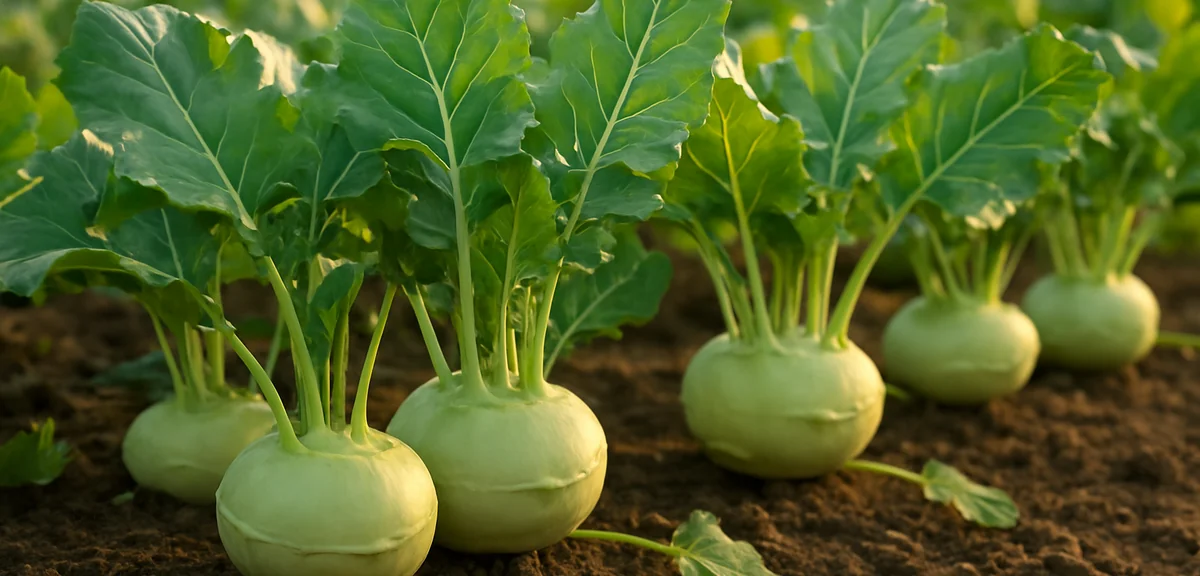 Several kohlrabi plants growing in a row with their swollen stems just above the soil surface, leave