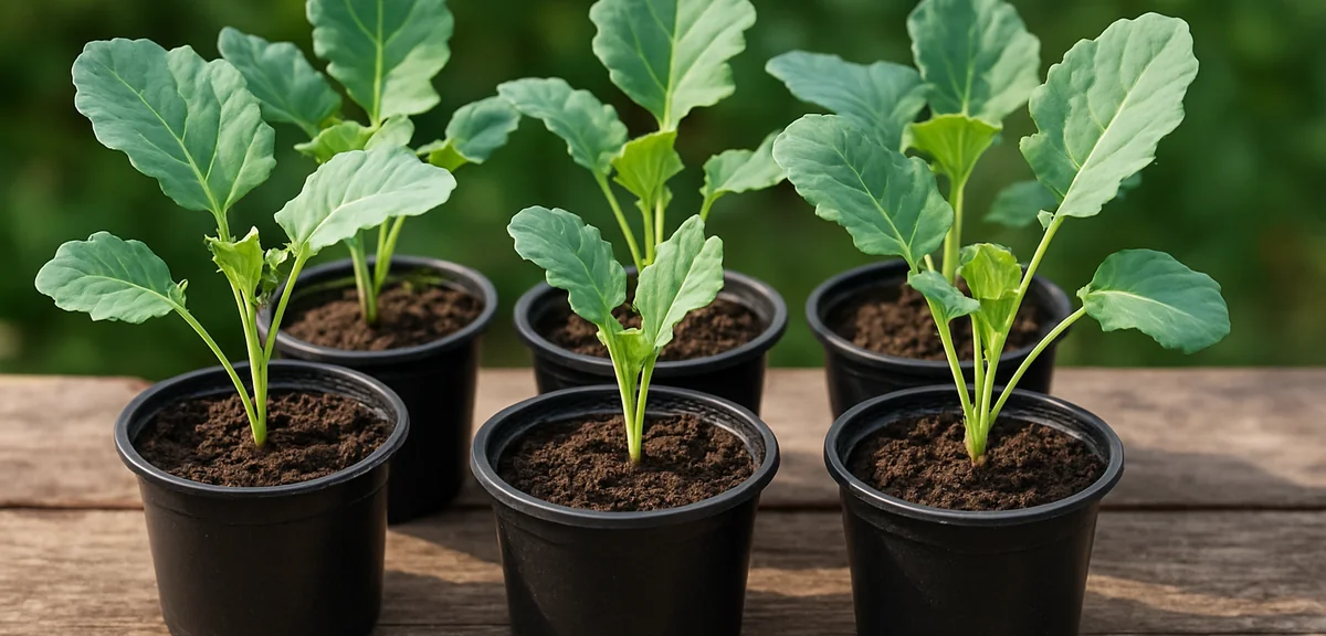 Young kohlrabi seedlings in small pots on a bench ready for transplanting, five or six true leaves e