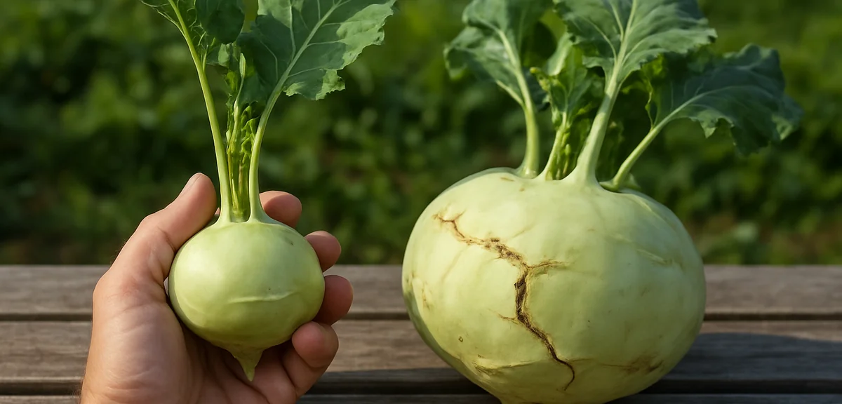 A harvested kohlrabi about the size of a fist held in a hand beside a larger cracked one, comparison