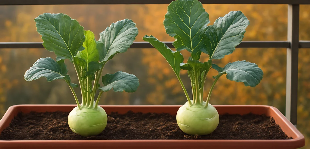 A long planter box on a balcony with two kohlrabi plants spaced well apart, swollen stems forming, a