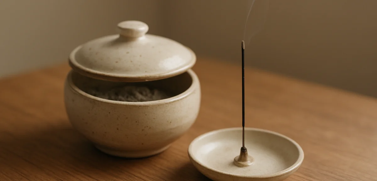 A small ceramic incense plate with a metal holder beside a larger lidded incense burner filled with