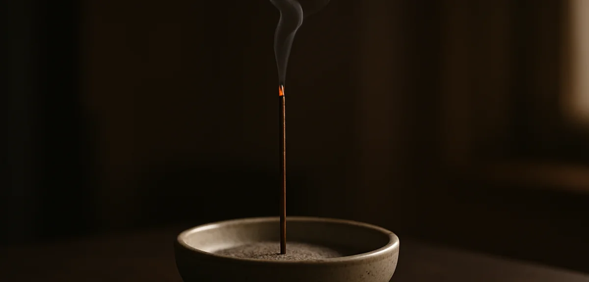 An incense stick standing upright in smooth grey ash inside a ceramic burner, thin smoke rising, dim