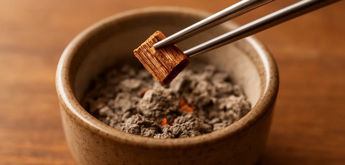 A pair of metal chopsticks placing a small piece of fragrant wood onto warmed ash inside a ceramic b