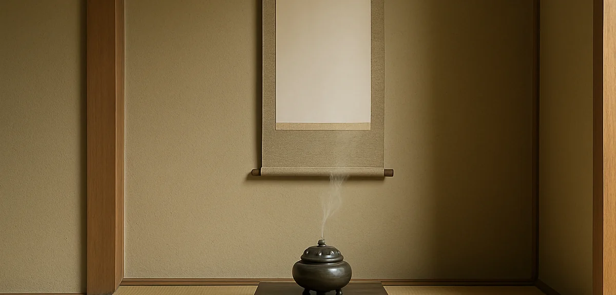 An incense burner placed in the alcove of a japanese tatami room with a hanging scroll above, calm i