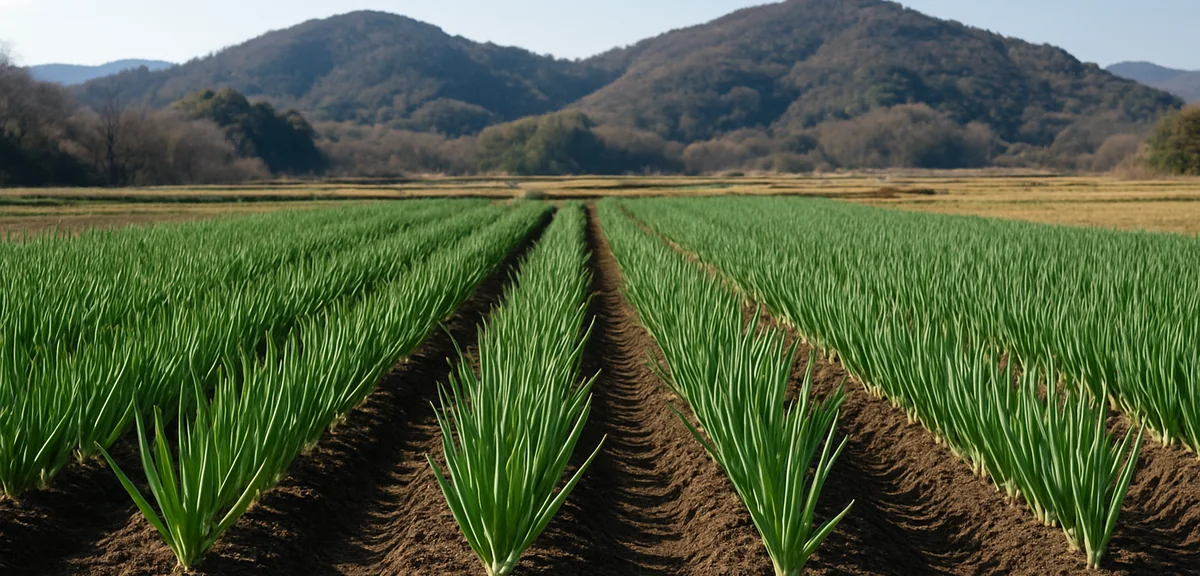 Rows of leaf onions growing in a traditional kyoto style vegetable field with low hills in the backg