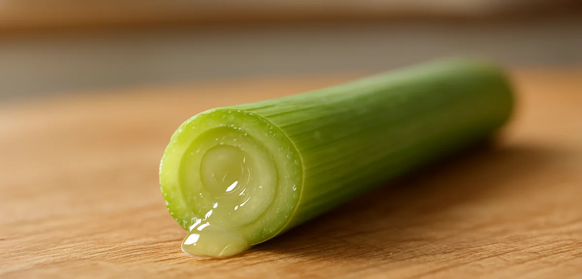 Close up of a cut leaf onion stalk showing the viscous interior, on a wooden cutting board in a kitc