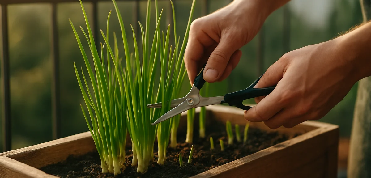 A gardener cutting green onion leaves with scissors leaving short stubs at the base in a planter box
