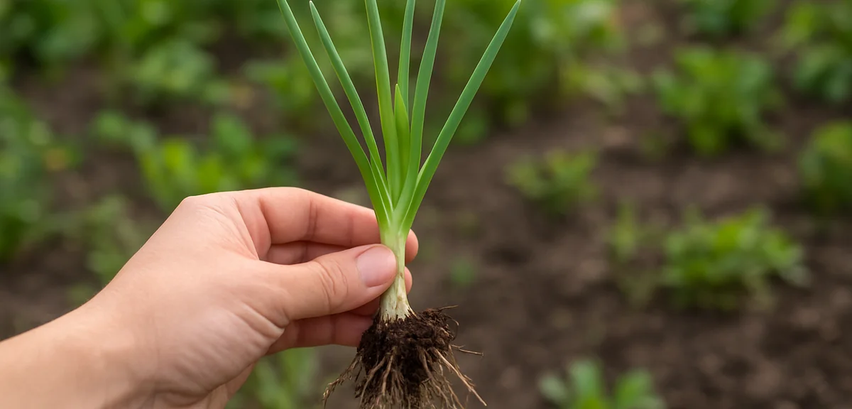 A clump of leaf onions lifted from the soil showing several shoots branching from one base, held ove