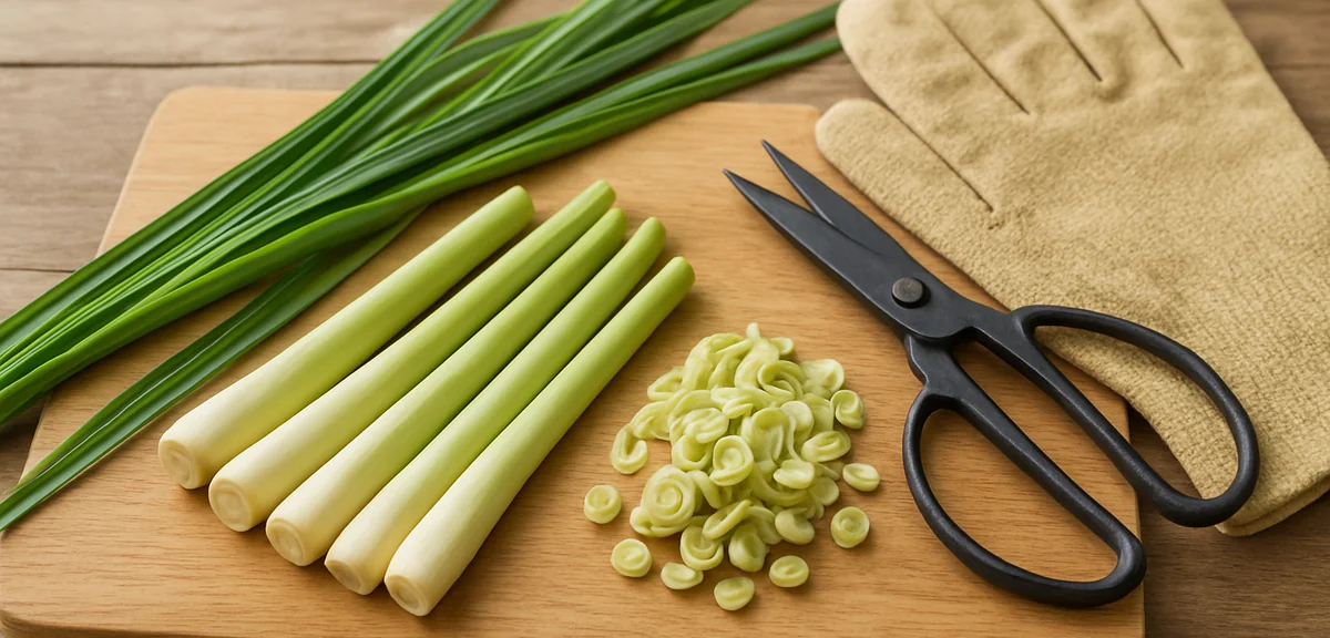 Cut lemongrass stalks and leaves laid out on a wooden board beside scissors and gardening gloves, ki