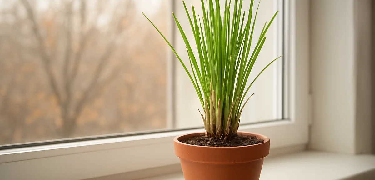 A cut back lemongrass clump replanted into a pot standing by a bright indoor window in late autumn,