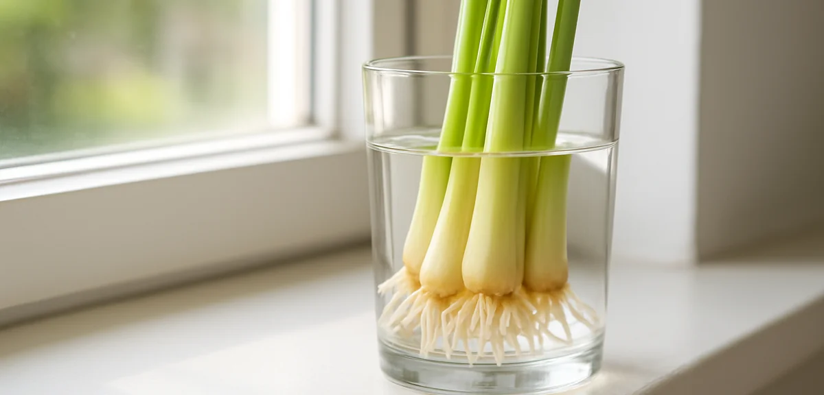 Lemongrass stalk bases standing in a glass of water on a kitchen windowsill with new white roots vis