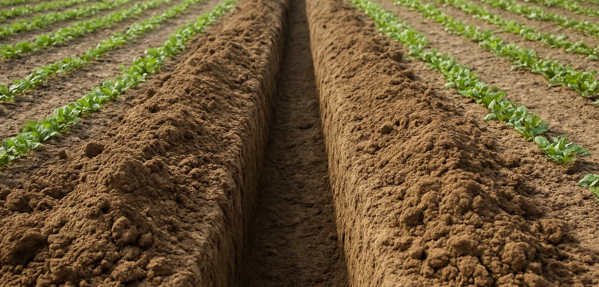 A deep narrow trench dug in a vegetable field with loose soil piled alongside, ready for planting, e