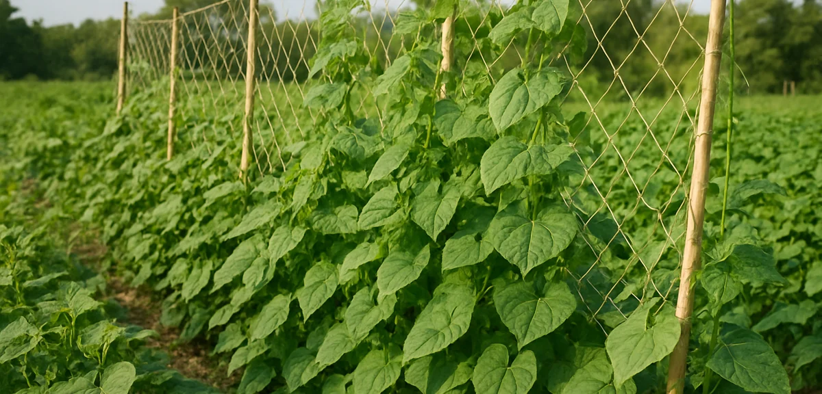 Yam vines climbing up a net stretched between tall stakes in a vegetable field, dense green foliage,