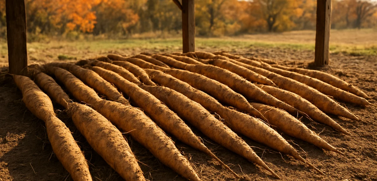 Harvested long yams laid out in the shade of a shed to dry, soil still clinging lightly, autumn afte