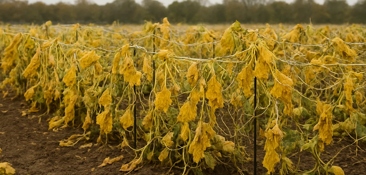 A vegetable field in late autumn with yellowed yam vines collapsing on the nets, ready for harvest,
