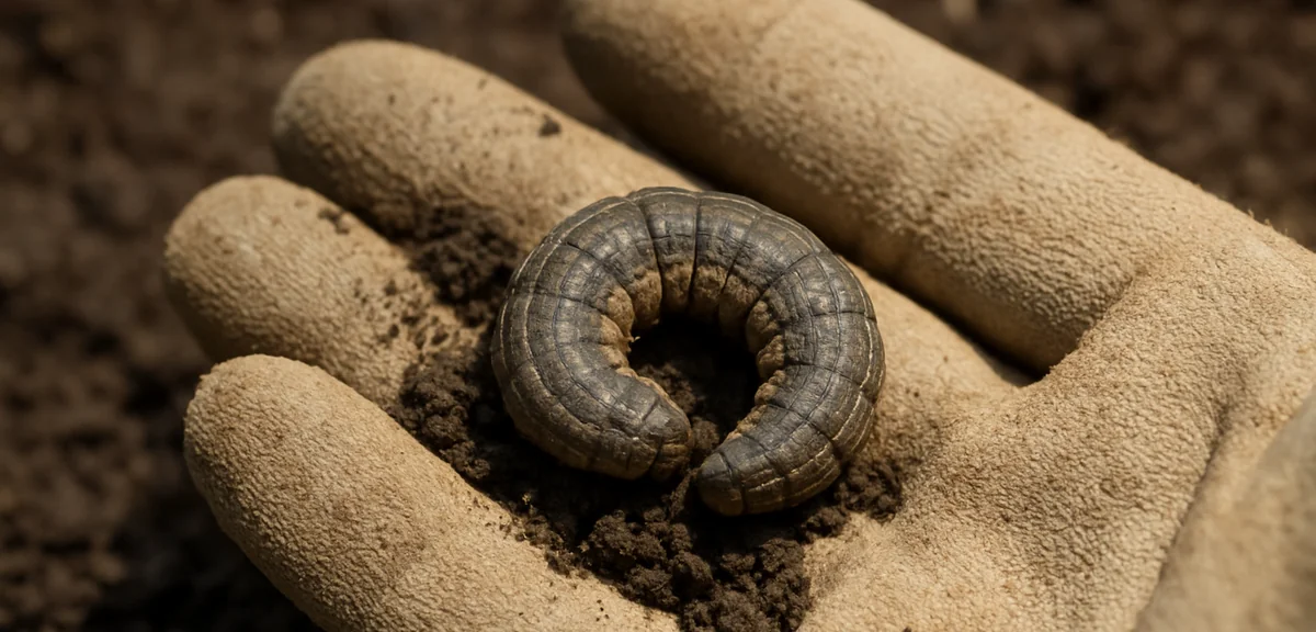 A curled greyish brown cutworm caterpillar about four centimetres long resting on dark garden soil i