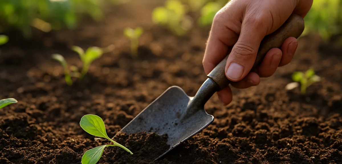 A gardener gently scraping back the top few centimetres of soil beside a fallen seedling with a hand
