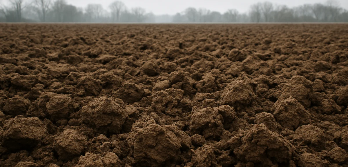 A bare winter vegetable plot freshly turned over with large clods of soil exposed to cold air, no pl