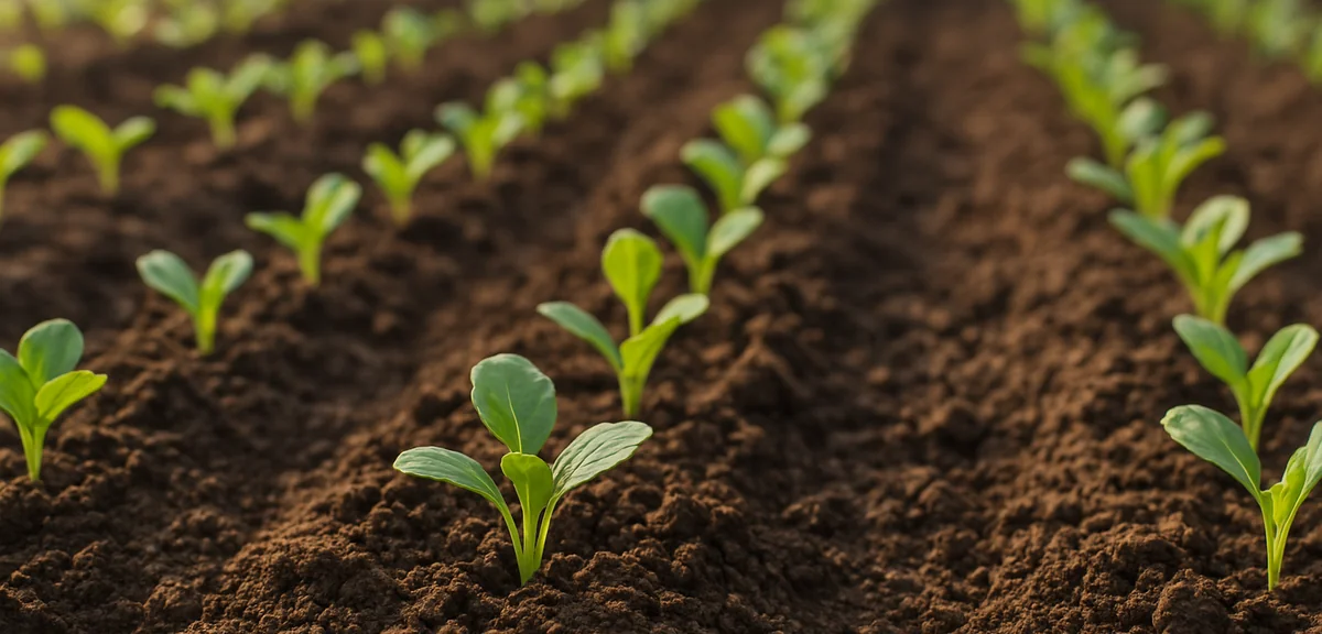 Rows of newly planted young seedlings in clean weed free soil in a home vegetable garden, spring mor
