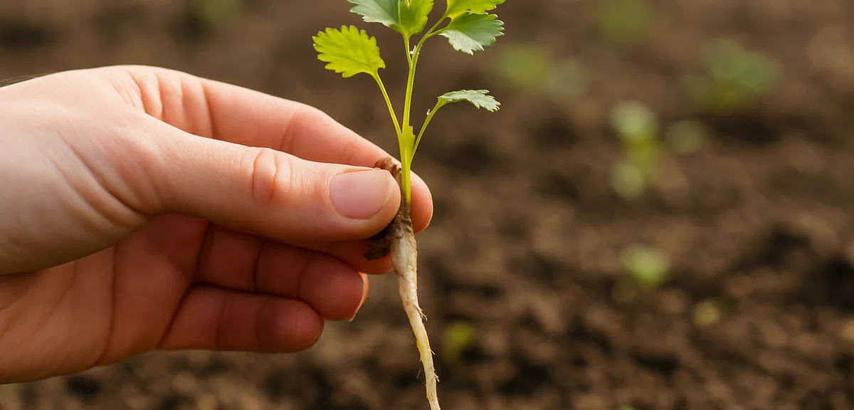 A coriander seedling carefully lifted from soil showing one long thick taproot with very few side ro