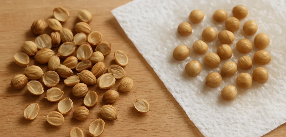 Round coriander seeds split in half on a wooden board beside a damp paper towel with soaked seeds on