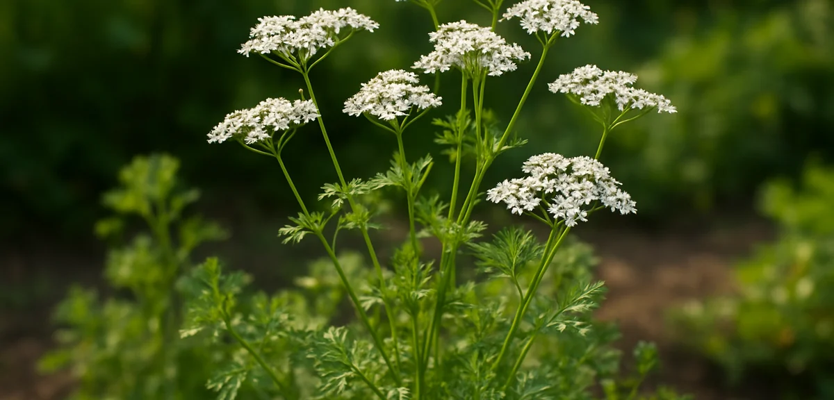 A coriander plant that has bolted with white umbrella shaped flowers on tall stems in a home garden,