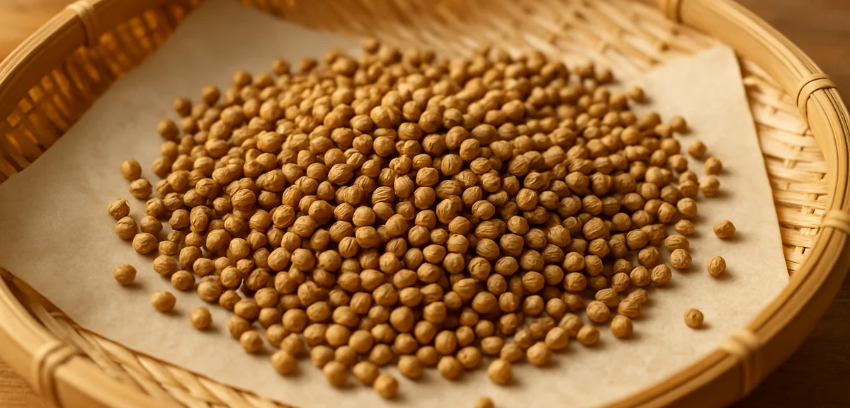 Brown ripened coriander seeds drying on a paper sheet in a shallow basket, warm indoor daylight
