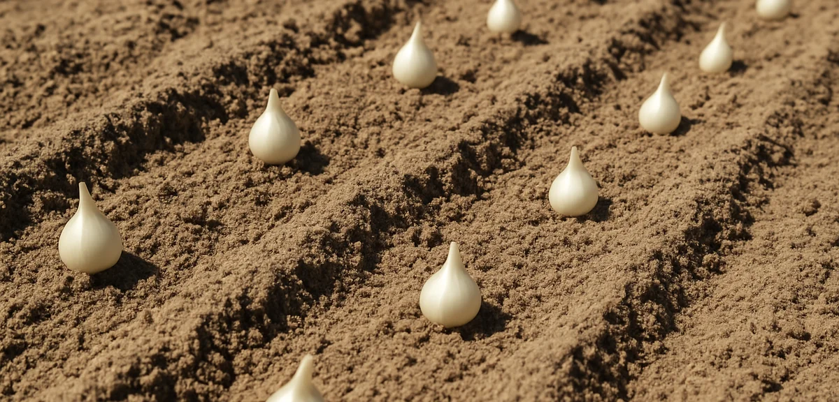 Small rakkyo seed bulbs being planted into rows in sandy garden soil under strong summer sun, docume