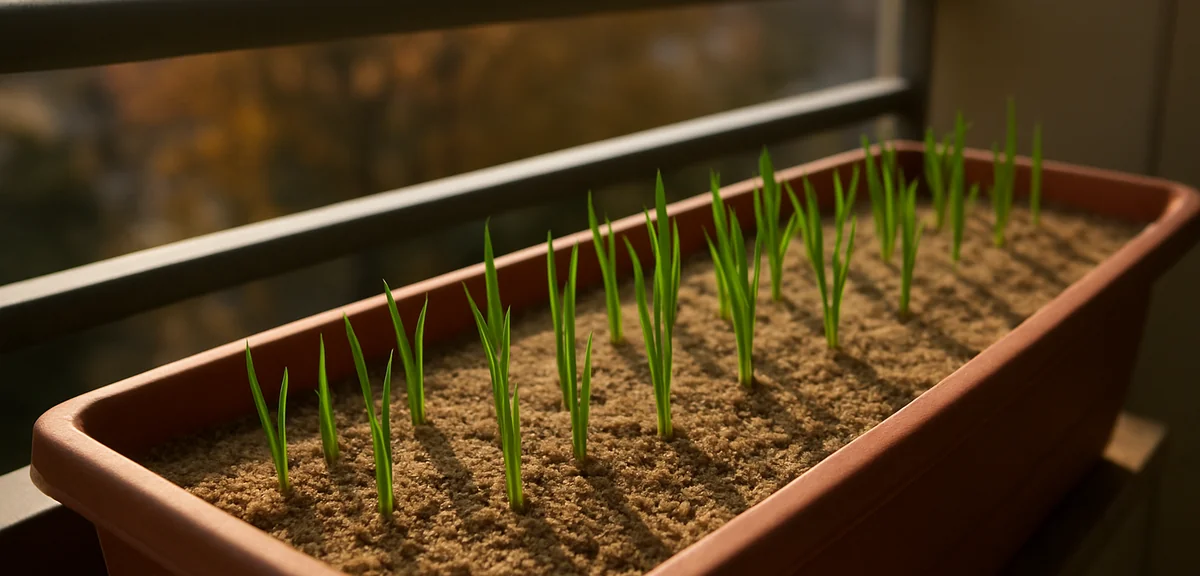 A planter box with rows of rakkyo shoots emerging from sandy soil on a balcony, autumn morning light
