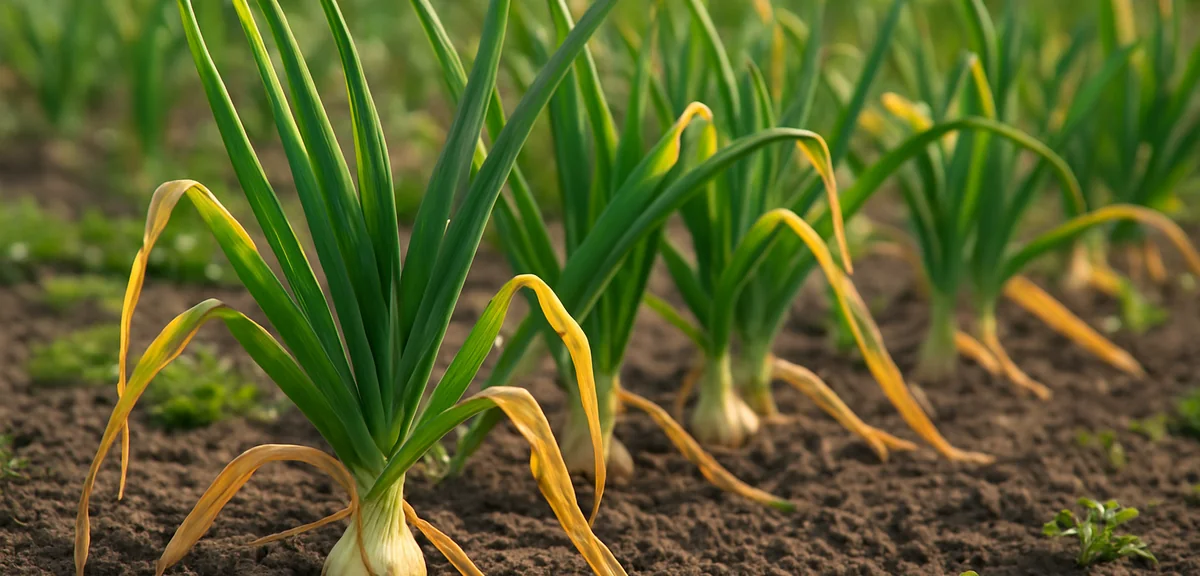 Rakkyo plants in a garden bed with yellowing leaves falling over, ready for harvest, early summer li