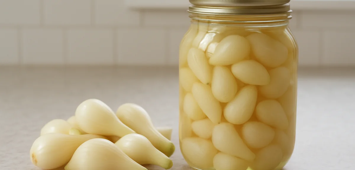 A glass jar of pickled rakkyo on a kitchen counter beside freshly cleaned bulbs, bright indoor dayli