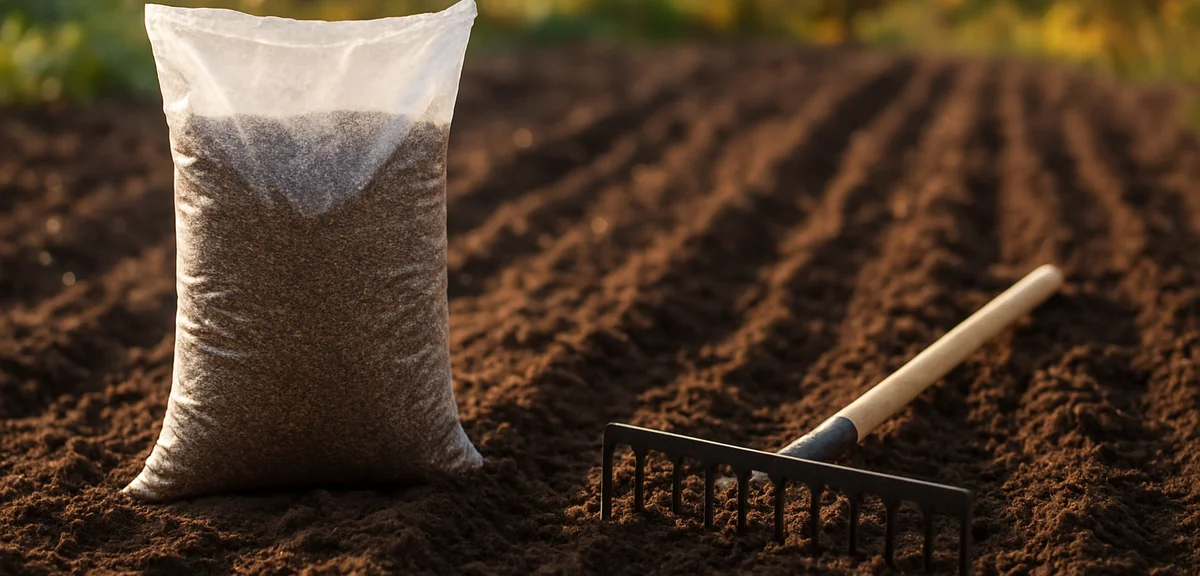 A bag of granular agricultural soil amendment standing beside a bare tilled vegetable bed with a rak