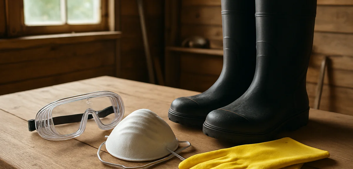 Protective equipment laid out on a workbench including goggles, a dust mask, rubber gloves and long