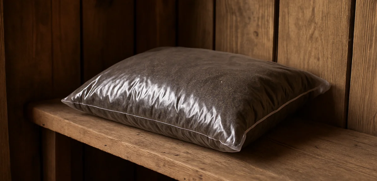 A sealed bag of soil amendment stored on a raised wooden shelf in a dry garden shed away from the fl