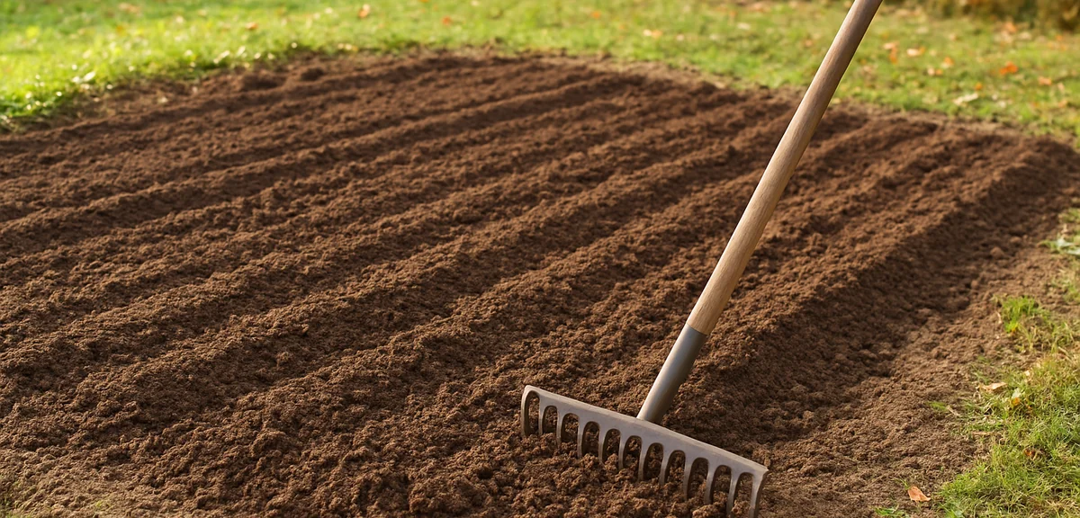 A freshly tilled empty vegetable bed resting before planting with a hand rake leaning at the edge, c