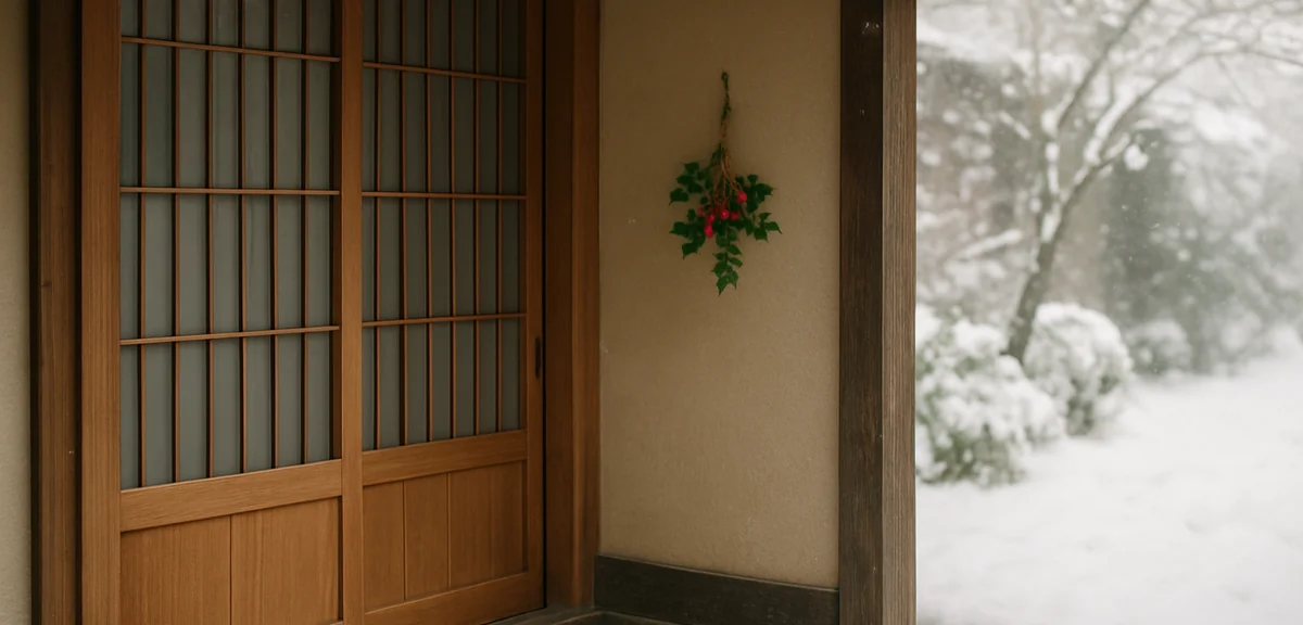 A japanese entrance hall in winter with a small holly branch decoration hanging by the door, soft na