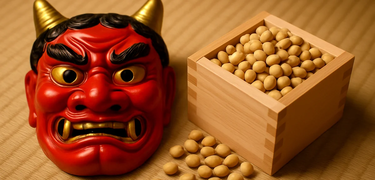 Roasted soybeans in a small wooden measuring box on a tatami mat beside a paper demon mask, warm ind