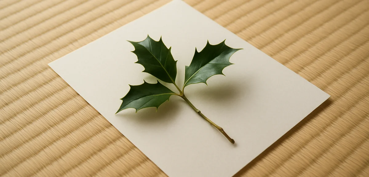 A small holly branch with pointed leaves resting on a sheet of white paper on a tatami mat, ready to