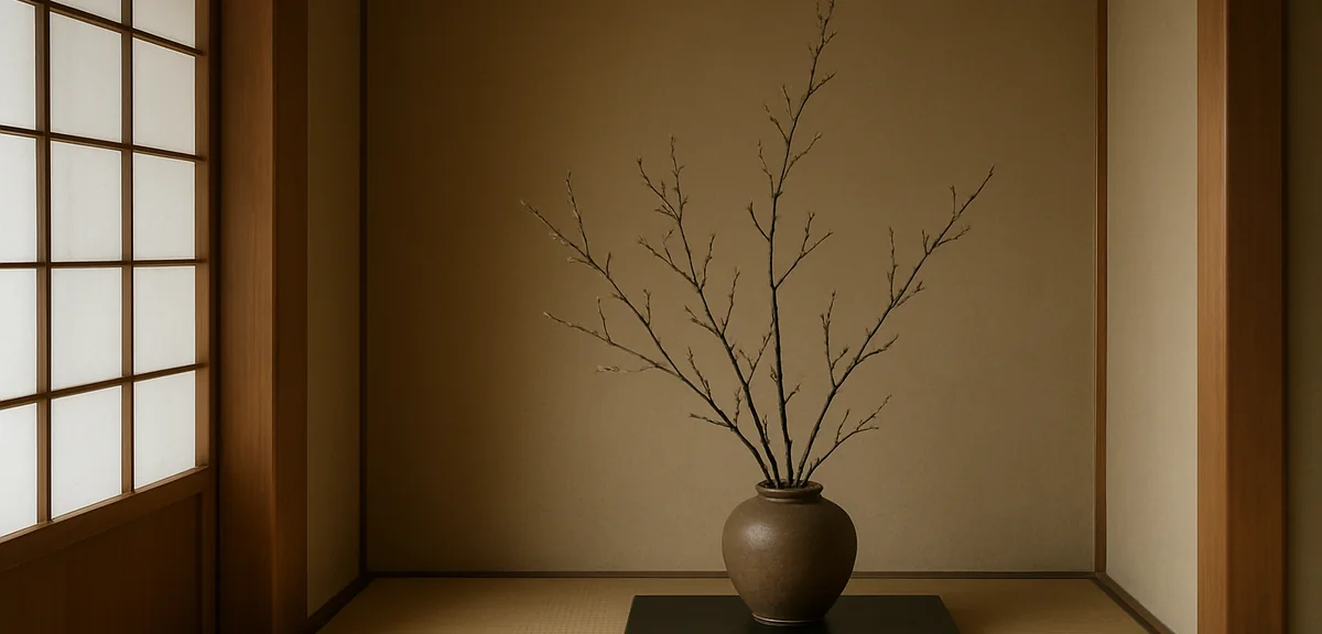 A japanese room alcove in early february with a simple seasonal arrangement of winter branches, soft