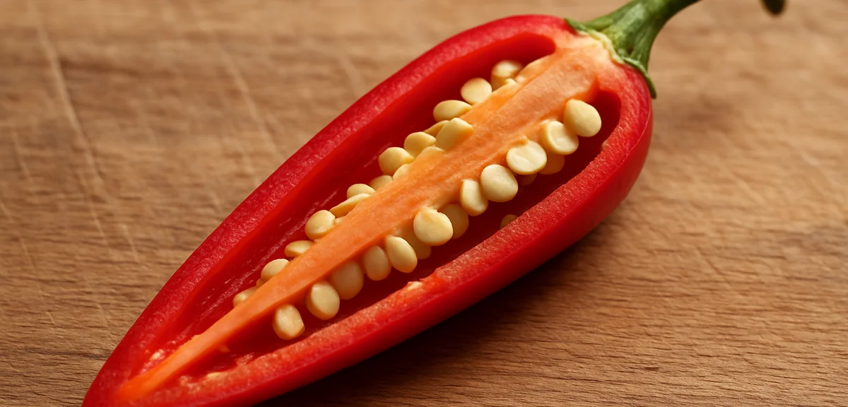 A red chilli pepper cut lengthways on a wooden board showing the pale spongy placenta inside with se