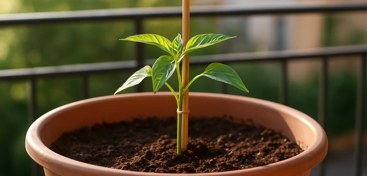 A young chilli seedling just planted in a large pot with a single bamboo stake tied to the main stem